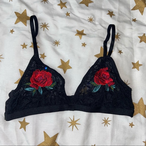 Embroidered Rose Sequin Star Black Lace Bralette S - Picture 1 of 4